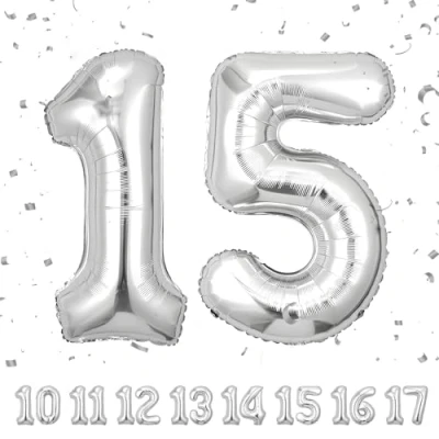 Abbildung von 15 Geburtstag Deko zahlen luftballon jahre Folienballon Sliber für 15. Geburtstagsdeko Männer Frauen Ballon Zahl zum fliegt mit Helium 15.Geburtstagsparty 40&quot; 101cm