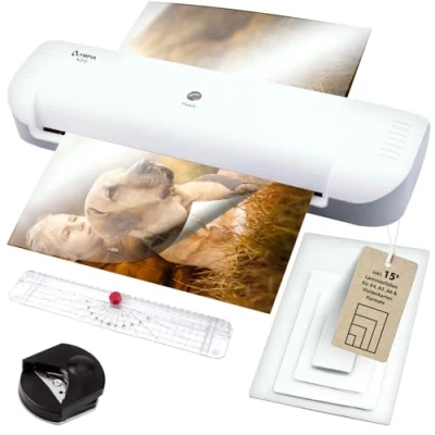 Abbildung von Olympia A210 4in1 Laminiergerät A4 Laminierset Laminator Schnelles Aufwärmen Laminiermaschine, Papierschneider &amp; Eckrunder Ideal für Büro Schule Heimgebrauch Inkl. 15 Folien
