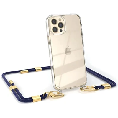 Abbildung von EAZY CASE kombinierbare Handyketten kompatibel mit iPhone 12/12 Pro, Transparente Silikon Hülle stylischen rundem Umhängeband, abnehmbar durch Karabiner, Riemen, Nacht Blau Clips Gold