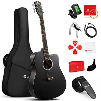 Abbildung von Vangoa 4/4 Elektro Akustische Gitarre mit 4 Band EQ Cutaway 41 Zoll Elektrische Akustikgitarre Set für Anfänger Erwachsene Kits, Schwarz