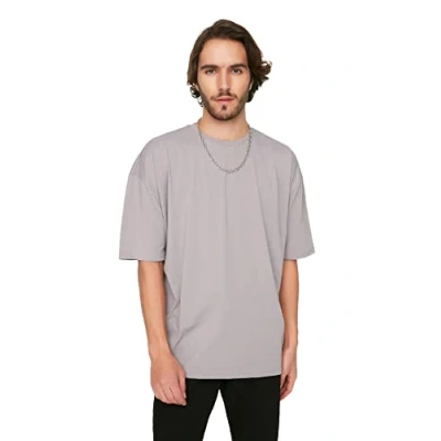 Abbildung von TRENDYOL Herren Männliches Basisches Bike kragen Übergroß Kurzarm T Shirt Western, Gray, XS