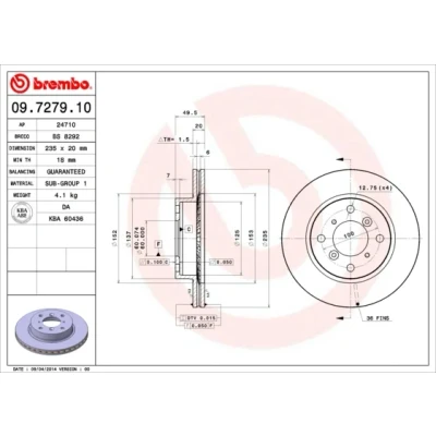 Abbildung von BREMBO 09.7279.10 Bremsscheibe 235 20 4 innenbelüftet SUZUKI: Baleno I Limousine, Schrägheck, SWIFT 2 Schragheck