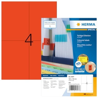 Abbildung von HERMA 4397 Farbige Etiketten rot, 100 Blatt, 105 x 148 mm, 4 pro A4 Bogen, 400 Stück, selbstklebend, bedruckbar, matt, blanko Papier Farbetiketten Aufkleber
