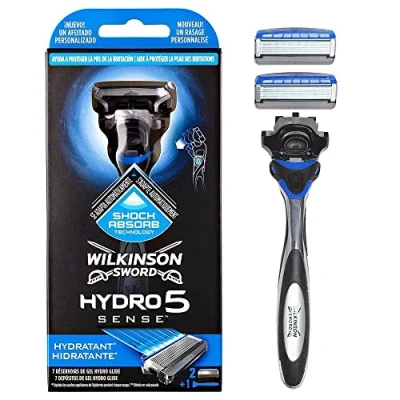 Abbildung von Wilkinson Sword 5 Klingen Rasierer mit 2 Ersatzteilen und Gleitgel Schmierbändern, Blau, 1 Stück