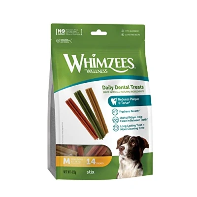Abbildung von WHIMZEES Stix, Kaustangen für mittelgroße Hunde, Hundesnack zur Zahnpflege, Größe M, 14 Stück, ohne Zuckerzusatz, getreidefrei, natürlich, fettarm
