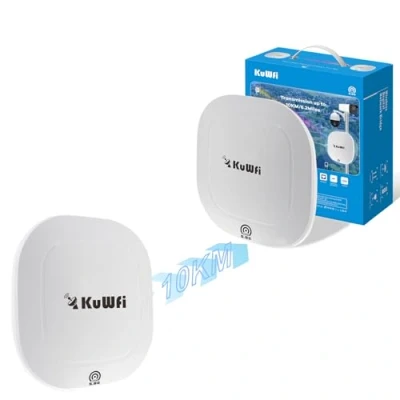 Abbildung von KuWFi N650 Gigabit WiFi Bridge, 10KM 5.8G Access Point to WLAN Bridge Outdoor CPE, Wireless mit 17dBi Antenne, 2 LAN Port, 48V PoE, Repeater für Netzwerk, Starlink Router, Kamera
