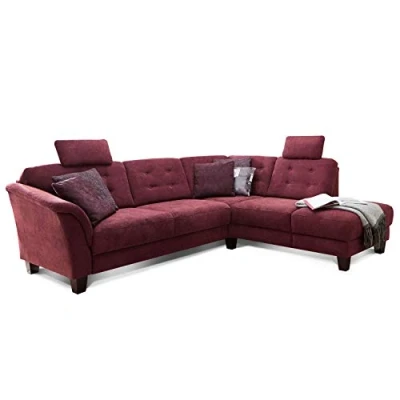 Abbildung von Cavadore Ecksofa Trond mit Ottomane rechts / Federkern Sofa im Landhausstil 2 Kopfstützen und Vorziehsitz Bettkasten 260 x 89 214 Webstoff rot