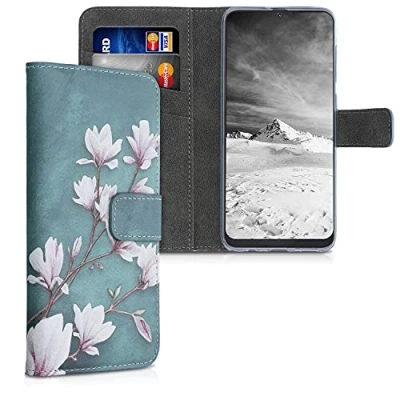 Abbildung von kwmobile Wallet Case kompatibel mit Samsung Galaxy A50 Hülle Cover Ständer und Kartenfächern Magnolien Taupe Weiß Blaugrau