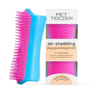 Abbildung von Tangle Teezer, Zweistufige Enthaarungs und Fellpflegebürste für Hunde, Sanfte Polymerzähne, optimal doppelt beschichtete Rassen, Ergonomisch leicht zu reinigen, Blau Rosa