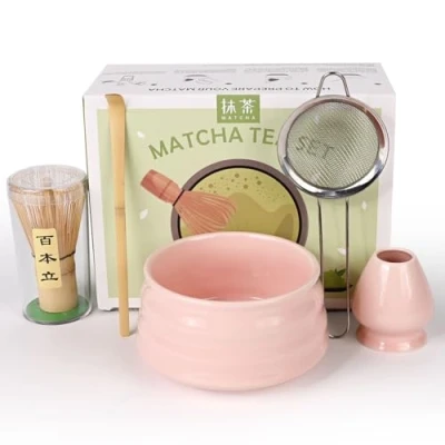 Abbildung von LustLocke Matcha Set Rosa Tea 5 Piece Besen Stylisches für Einsteiger Besen, Schale, Filtersieb, Chasen und Löffel, Zubehör