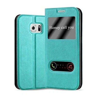 Abbildung von Cadorabo Hülle kompatibel mit Samsung Galaxy S6 Edge Sichtfenster aus Kunst Leder Flip Klappbare Magnetische [Standfunktion] [Kartenfächern] Cover für Tasche in Türkis