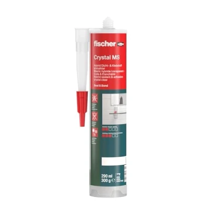 Abbildung von fischer Crystal MS Kleb und Dichtstoff für innen &amp; außen, wasserfester Montagekleber elastische Verklebungen, Polymer viele Anwendungen Untergründe, 290 ml, transparent