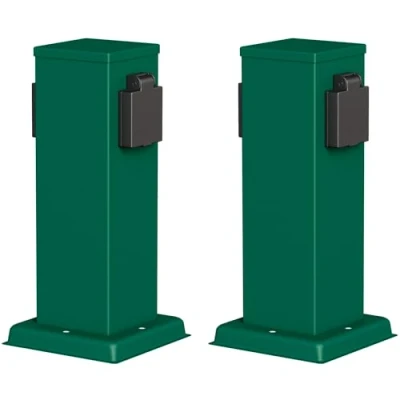 Abbildung von ledscom.de 2 Stück Garten Steckdosensäule Polly für außen, IP44, Fach, Edelstahl, grün, eckig, 27 cm