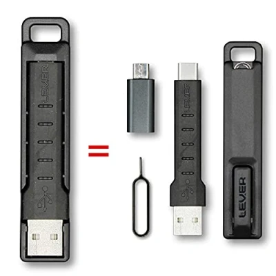 Abbildung von Lever Gear CableKit 2 in 1 Schlüsselanhänger USB Lade und Datenkabel A auf C Kabel plus Micro Adapter Inklusive Schlüsselring Tragetasche SIM Kartenwerkzeug (Micro B