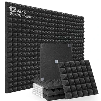 Abbildung von Akustikschaumstoff 12 Stück Schalldämmung Hochdichte Schallabsorber Wand Reduzieren Hall Echo Lärm für Podcast Aufnahmestudio schallschutz mit 60pcs Aufklebern Geliefert, 30x30x5cm