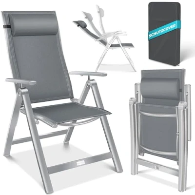 Abbildung von KESSER® Gartenstuhl Hochlehner mit Armlehnen Aluminium Klappstuhl Kopfkissen &amp; Cover Campingstuhl 7 Fach Verstellbar Rückenlehne Atmungsaktiv Wetterfest Klappbar Anti Rutsch Schwarz