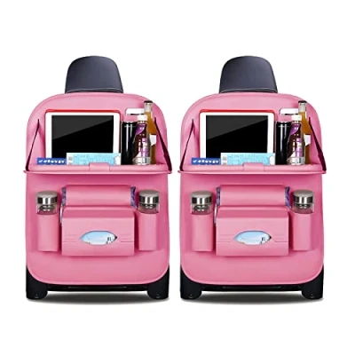 Abbildung von Ergocar Auto Organizer Rückenlehnenschutz Luxus Autositzschutz aus PU Leder mit faltbarem Tablethalter wasserdicht Rückenlehnen Tasche für Kinder (Rosa 2 Pack)