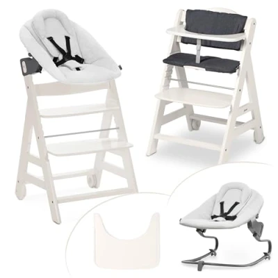 Abbildung von hauck Hochstuhl Beta+ Newborn Set Premium Light Grey Babyhochstuhl ab Geburt mit Neugeborenen Aufsatz Bouncer, Sitzpolster und Essbrett Weiß
