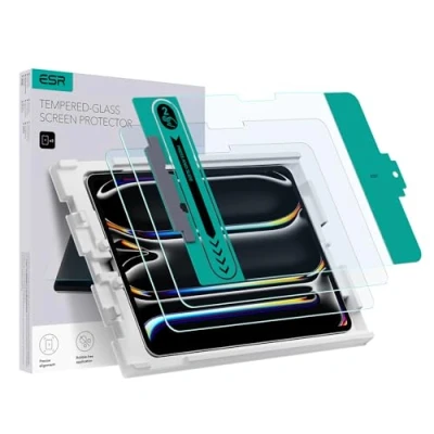 Abbildung von ESR Schutzfolie für iPad Pro 11 Zoll (2024), Displayschutzfolie aus gehärtetem Glas mit einfach anzubringender Ablage, kratzfest, HD Klarheit, 2 Stück
