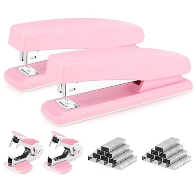 Abbildung von Deli Heftgerät, Schreibtisch Hefter, 2 Stück, Bürohefter, 25 Blatt Kapazität, inklusive 2000 Heftklammern und Heftklammerentferner, Pink