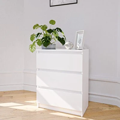 Abbildung von Home Collective Kommode weiß Schlafzimmer Flur Nachttisch, verfügbar in Matt und Hochglanz, Sideboard, Highboard, mit drei Schubladen, Breite 60 cm Höhe 77cm