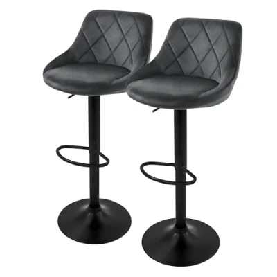 Abbildung von ML DESIGN Barhocker Gepolsterter Barstuhl mit Rückenlehne und Fußstütze, 360 drehbar (Komplett Set, 2 St), Drestuhl höhenverstellbar 62 82 cm, Grau, Bezug aus Samt