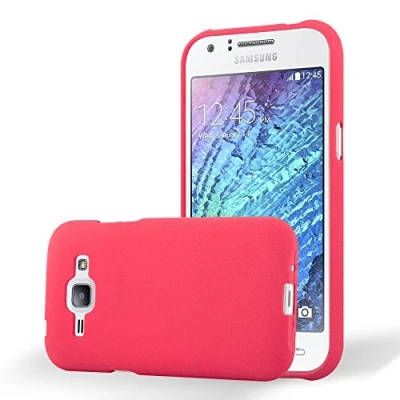 Abbildung von Cadorabo Hülle kompatibel mit Samsung Galaxy J1 2015 Schutzhülle TPU Silikon Case Frost Design Slim Kratzfest Weiche Gummi Rundumschutz für in Rot