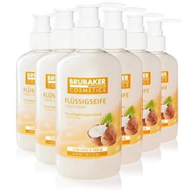 Abbildung von BRUBAKER Cosmetics 6er Pack Handwaschlotion Flüssigseife Kokosnuss 6 x 240 ml im praktischen Spender reinigt sanft und spendet Feuchtigkeit für hygienisch saubere Hände