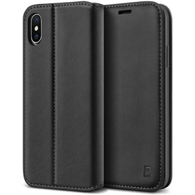 Abbildung von BEZ Handyhülle für iPhone X Hülle, XS Tasche Kompatibel X, Case Schutzhüllen aus Klappetui mit Kreditkartenhaltern, Ständer, Magnetverschluss, Schwarz