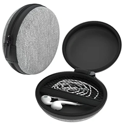 Abbildung von EAZY CASE Universal Tasche für In Ear Kopfhörer mit Netzfach Hardcase Aufbewahrungsbox, Schutztasche umlaufenden Reißverschluss, extra klein, rund, Hellgrau