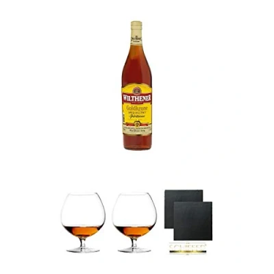 Abbildung von Wilthener Goldkrone Spirituose 3,0 Liter Magnum + Cognacglas/Schwenker Stölzle 1 Stück 103/18 Schiefer Glasuntersetzer eckig ca. 9,5 cm Ø 2