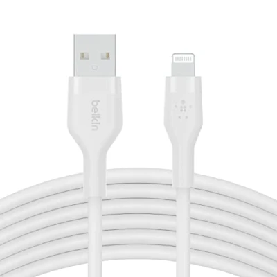 Abbildung von Belkin BoostCharge Flex Silikon USB A/Lightning Kabel, 3 m, MFi zertifiziertes Ladekabel für iPhone 14/14 Plus, 13, 12, 11, Pro, Max, mini, SE, iPad und andere Geräte Weiß
