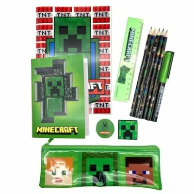 Abbildung von Minecraft Schreibwaren Set mit Etui Schulmaterial 2 Notizbücher, Buntstifte, Radierer, Spitzer und Lineal Charakter Creeper Design, bunt, Mediano,