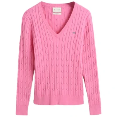 Abbildung von GANT Stretch Cable Vneck Strickpullover, Damen, Größe: Large, Candy pink