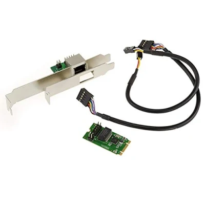 Abbildung von KALEA INFORMATIQUE M2 Controller Karte (M.2 NGFF PCIe M Key oder B+M Key) 1 GIGABIT LAN Ethernet Netzwerkport, mit HIGH und Low Profile Winkel.