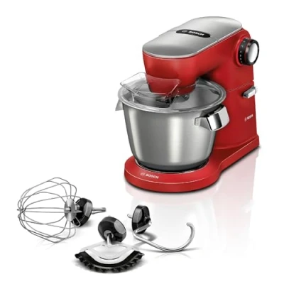 Abbildung von BOSCH Küchenmaschine &quot;Serie 8 MUM9A66R00, Knethaken/Rühr /Silikonbesen spülm.fest, rot&quot;, Gratis Mixaufsatz Lifestyle Set VeggieLove Plus Wert: UVP 94,99