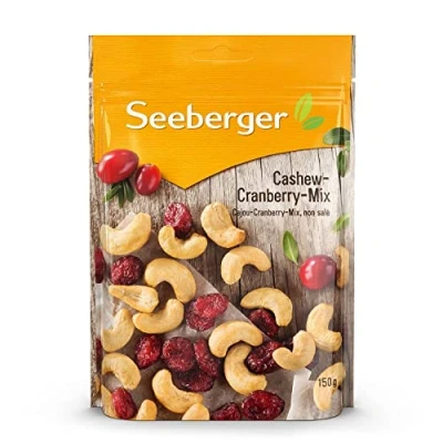 Abbildung von Seeberger Cashew Cranberry Mix 12er Pack, Knackige naturbelassene Cashewkerne mit Cranberries süß säuerliche Kombination glutenfrei, vegan (12 x 150 g)