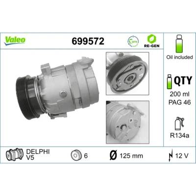 Abbildung von VALEO 699572 Kompressor V5 12 PAG 46 R 134a mit Kompressoröl AUSTAUSCHTEIL OPEL: Tigra Coupe, Corsa B Schrägheck