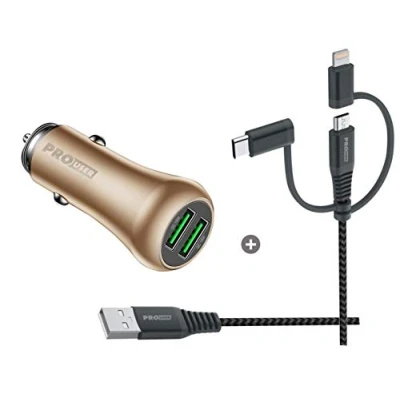 Abbildung von ProUser Set aus 2 Fach Car USB Charger 36W und 3 in 1 Kabel 3A: Auto Ladegerät Aluminium mit Ausgängen einem Premium Allround 60 cm, (Gold)