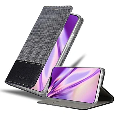 Abbildung von Cadorabo Hülle kompatibel mit Apple iPhone 12 Mini aus Premium Jeans und Kunst Leder Flip Klappbare Stoßfeste Magnetische [Standfunktion] [Kartenfächern] Cover für Tasche in Grau