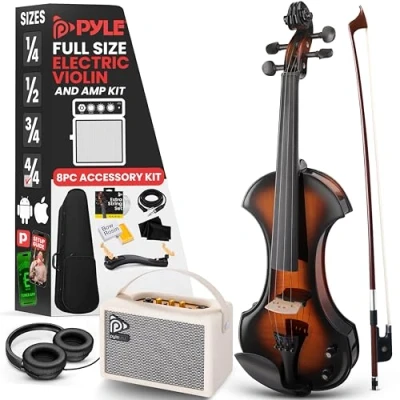 Abbildung von Pyle Elektrische Geige 4/4 Electric Violin, E Violine für Geiger, mit Geigen Zubehör, inkl. Violinen Koffer, Tuner &amp; Geigenbogen, Perfekt um zu lernen als Geschenk, Keman