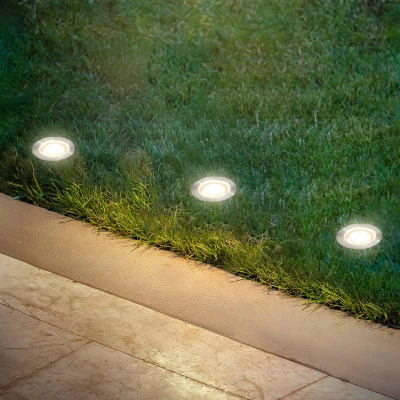 Abbildung von BRILONER Connect to Shine 12V Gartensystem 3er Set LED Bodeneinbaustrahler, Basisset mit Trafo, IP67, warmweißes Licht, Gartenbeleuchtung, Bodeneinbauleuchten, 30x26 mm, Silberfarbig