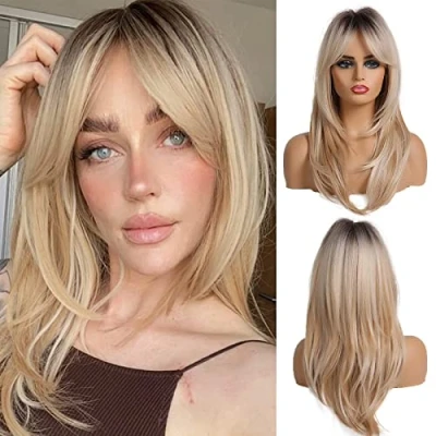 Abbildung von OUFEI 20 Zoll Lange Gerade Blonde Geschichtete Synthetische Haarperücken Für Frauen Mit Dunklen Wurzeln Den Täglichen