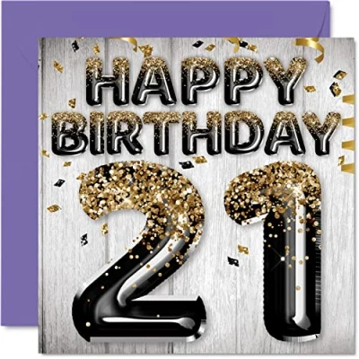 Abbildung von Stuff4 Geburtstagskarte zum 21. Geburtstag für Männer schwarze und goldene Glitzerballons Happy Karten 21 Jahre alten Mann Son Bruder Onkel Cousin, 145 mm x Grußkarten Geschenk