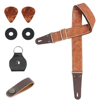 Abbildung von Czzmy Gitarrengurt, Verstellbarer Gitarren Gurt Gitarrenband Guitar Strap mit Lederenden Plektrum Knöpfe Gitarrenhals für E Gitarre Akustikgitarre Bass(1 Geschnitzt Hellbraun)