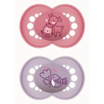 Abbildung von MAM Schnuller aus Naturkautschuk, ab 6 Monaten, mit symmetrischem Sauger, flach und flexibel, selbststerilisierender Box, mattes Rosa, 2 Stück