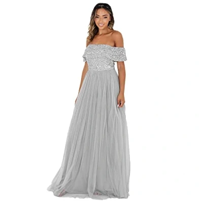 Abbildung von Maya Deluxe Damen Soft Grey Bardot Embellished Maxi Dress Brautjungfernkleid, Grey, 48 EU