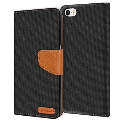 Abbildung von Verco für iPhone SE 1. Generation Hülle, Schutzhülle Apple 5 5S Tasche Denim Textil Book Case Flip Klapphülle, Schwarz