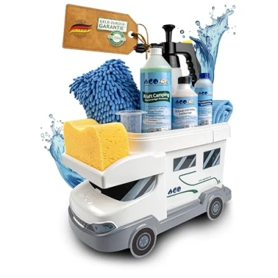 Abbildung von AGO Caravan Reiniger Komplett Set 9 teilig/Intensiv Wohnwagen außen, Acrylglas &amp; Schwarzstreifen Entferner/Inklusive Eimer und weiterem Putzzubehör