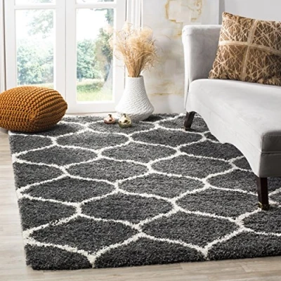 Abbildung von SAFAVIEH Zottelig Teppich für Wohnzimmer, Esszimmer, Schlafzimmer Hudson Shag Collection, Hoher Flor, Dunkelgrau und Elfenbein, 155 X 229 cm